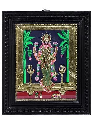 Standing Devi Lakshmi | Traditional Colors With 24K Gold | Teakwood Frame | Gold & Wood | Handmade