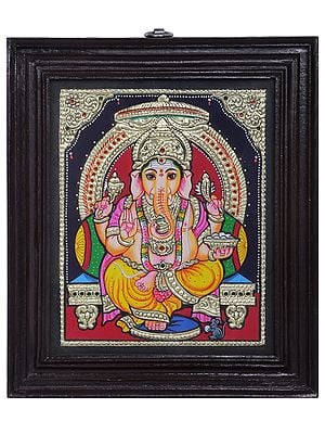 Lord Ganesha Seated on Singhasan | Traditional Colors With 24K Gold | Tanjore Painting with Teakwood Frame | Handmade