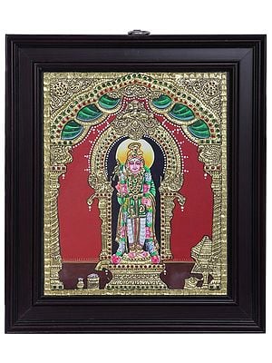Standing Lord Karttikeya (Murugan) Tanjore Painting | Traditional Colors With 24K Gold | Teakwood Frame | Handmade