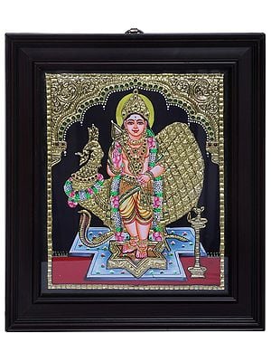 Standing Lord Karttikeya (Murugan) | Traditional Colors With 24K Gold | Teakwood Frame | Gold & Wood | Handmade
