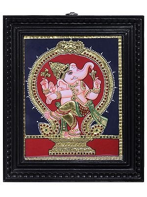Dancing Lord Ganesha | Traditional Colors With 24K Gold | Teakwood Frame | Gold & Wood | Handmade