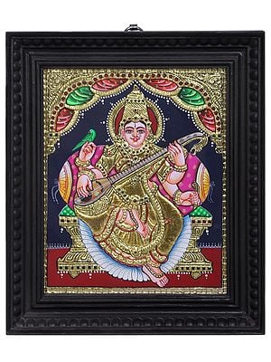 Goddess Saraswati Seated on Singhasan | Traditional Colors With 24K Gold | Teakwood Frame | Gold & Wood | Handmade
