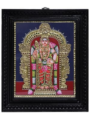 Lord Murugan Swami | Traditional Colors With 24K Gold | Teakwood Frame | Gold & Wood | Handmade