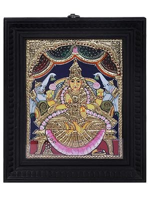 Devi Gajalakshmi Tanjore Painting | Traditional Colors With 24K Gold | Teakwood Frame | Handmade