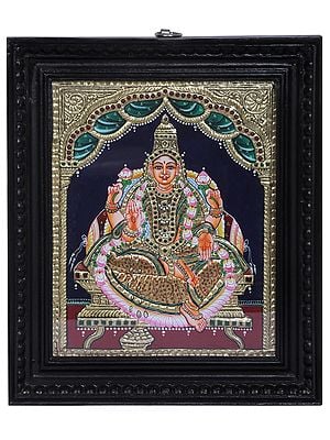 Tanjore Painting of Goddess Lakshmi Seated on Singhasan | Traditional Colors With 24K Gold | Teakwood Frame | Handmade