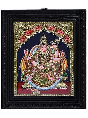 Goddess Saraswati Seated on Throne | Traditional Colors With 24K Gold | Tanjore Painting with Teakwood Frame | Handmade
