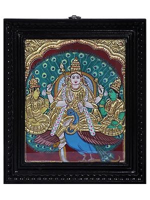 Lord Murugan with Valli & Theivanai | Traditional Colors With 24K Gold | Tanjore Painting with Teakwood Frame | Handmade