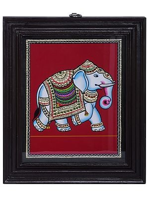 Elephant Tanjore Painting | Traditional Colors with 24K Gold | Teakwood Frame | Handmade