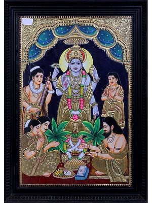 Shree Vishnu in Satya Narayan Swaroop | Traditional Colors With 24K Gold | Teakwood Frame