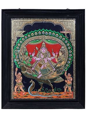 Kartikeyan Seated with his Wife on Peacock | Traditional Colors With 24K Gold | Teakwood Frame