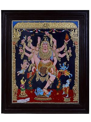 Dancing Shiva in Challenging Dance Move | Traditional Colors With 24K Gold | Teakwood Frame