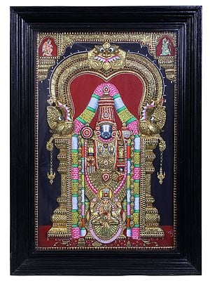 Shree Tirupati Balaji with Lakshmi | Traditional Colors With 24K Gold | Teakwood Frame