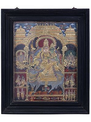 Shiv Parvati Seated on Nandi | Traditional Colors With 24K Gold | Teakwood Frame