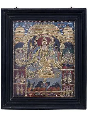 Shiv Parvati Seated on Nandi | Traditional Colors With 24K Gold | Tanjore Painting with Teakwood Frame