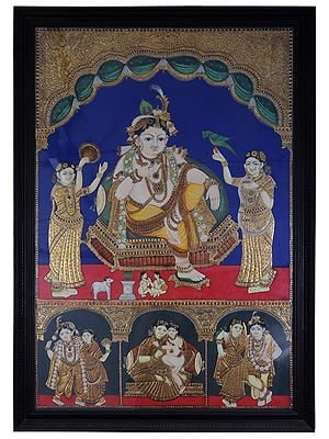 Krishna Darbar | Traditional Colors With 24K Gold | Teakwood Frame