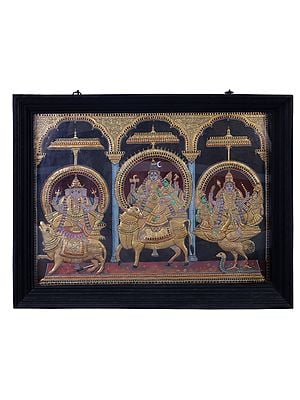 Shiva Family Seated on Their Respective Vahanas | Traditional Colors With 24K Gold | Teakwood Frame