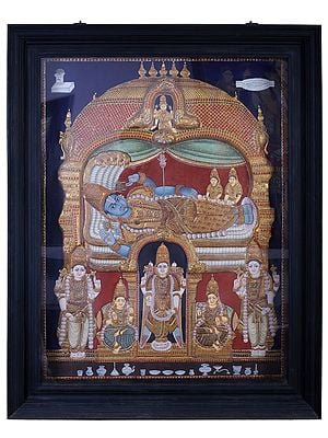 Lord Vishnu Resting on Sheshnag | Traditional Colors With 24K Gold | Teakwood Frame