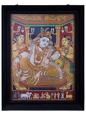 Resting Lord Krishna | Traditional Colors With 24K Gold | Teakwood Frame