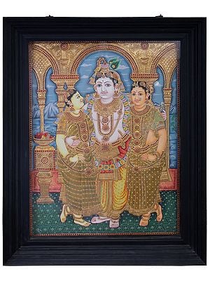 Krishna With Rukmani & Satyabhama | Traditional Colors With 24K Gold | Teakwood Frame