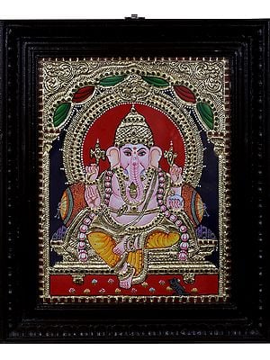 Sitting Lord Ganesha Tanjore Painting with Frame | Traditional Colors With 24K Gold |  Handmade