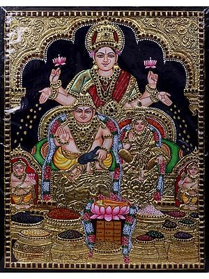 Lord Kubera and Bhadra with Goddess Lakshmi | Traditional Colors With 24K Gold Tanjore Painting with Frame | Handmade