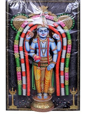 Standing Lord Vishnu | Traditional Colors With 24K Gold | With Frame | Gold & Wood | Handmade