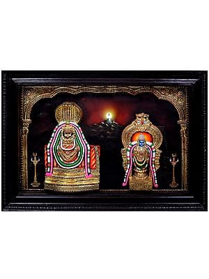Shiva Parvati | Traditional Colors With 24K Gold | Teakwood Frame | Gold & Wood