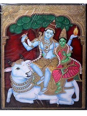 Uma-Maheshvara (Lord Shiva with Goddess Parvati Seated on Nandi) | Traditional Colors With 24K Gold | With Frame | Gold & Wood | Handmade
