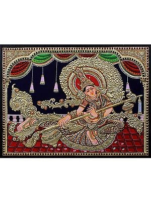 Goddess Saraswati Tanjore Painting with Frame | Traditional Colors With 24K Gold | Gold & Wood | Handmade