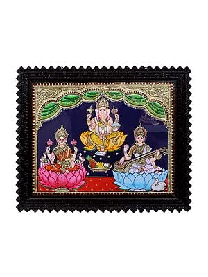 Lord Ganesha with Goddess Lakshmi and Saraswati Tanjore Painting | Traditional Colors With 24K Gold | Teakwood Frame | Gold & Wood