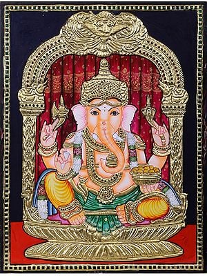 Sitting Lord Ganesha Tanjore Painting with Frame | Traditional Colors With 24K Gold | Handmade