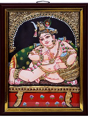 Butter Krishna | Traditional Colors With 24K Gold | Teakwood Frame | Gold & Wood | Handmade