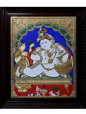 Navaneeta Krishna | Traditional Colors With 24K Gold | Teakwood Frame | Gold & Wood | Handmade