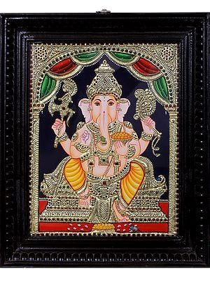 Sitting Lord Ganapati Tanjore Painting with Frame | Traditional Colors with 24 Karat Gold