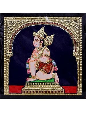 Sitting Lord Hanuman in Namaskar Mudra | Traditional Colors with 24 Karat Gold | With Frame