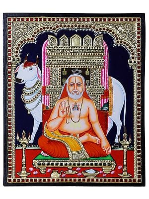 Guru Raghavendra Swami with Cow Tanjore Painting l Traditional Colors with 24 Karat Gold l With Frame