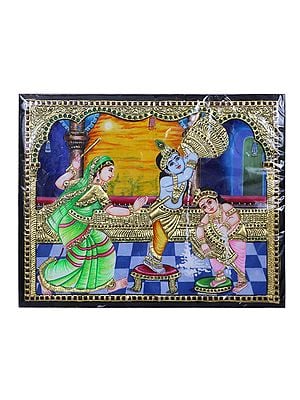 Lord Krishna Stealing Makhan Tanjore Painting l Traditional Colors with 24 Karat Gold l With Frame
