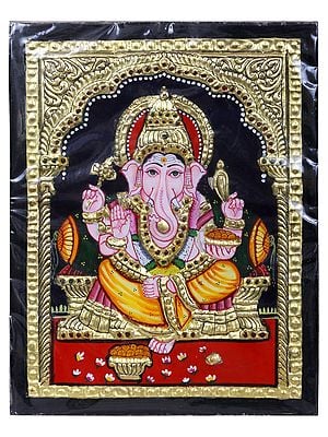 Lord Vinayak Seated on Pedestal Tanjore Painting l Traditional Colors with 24 Karat Gold l With Frame