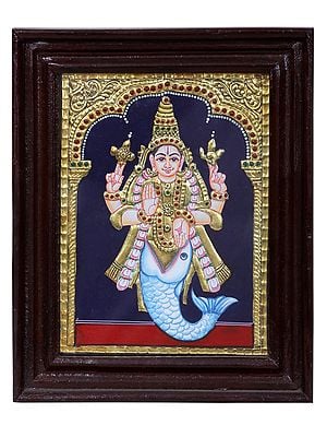 Matsya Avatar of Lord Vishnu Tanjore Painting l Traditional Colors with 24 Karat Gold l With Frame