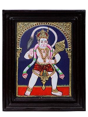 Standing Lord Hanuman Tanjore Painting | Traditional Colors with 24 Karat Gold | With Frame