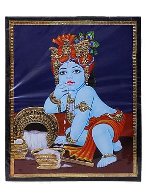 Stealing Makhan Baal Krishna Tanjore Painting l Traditional Colors with 24 Karat Gold l With Frame