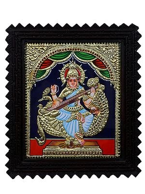 Goddess Saraswati with Swan Tanjore Painting l Traditional Colors with 24 Karat Gold l With Frame