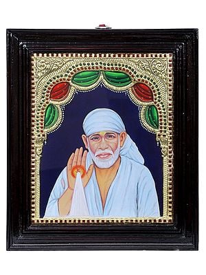 Blessing Lord Sai Baba Tanjore Painting | Traditional Colors with 24 Karat Gold | With Frame
