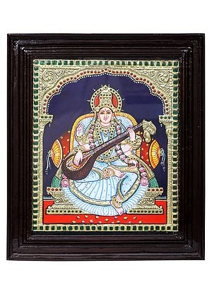 Four Arms Goddess Saraswati Tanjore Painting l Traditional Colors with 24 Karat Gold l With Frame