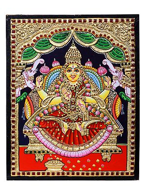 Four Arms Goddess Gajalakshmi Tanjore Painting | Traditional Colors with 24 Karat Gold l With Frame