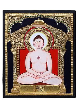 Sitting Lord Mahavir in Dhyan Mudra Tanjore Painting | Traditional Colors with 24 Karat Gold | With Frame
