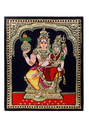 Lord Shiva with Goddess Parvati Seated on Throne Tanjore Painting | Traditional Colors with 24 Karat Gold | With Frame