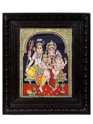 Lord Shiva with Family Tanjore Painting | Traditional Colors with 24 Karat Gold | With Frame