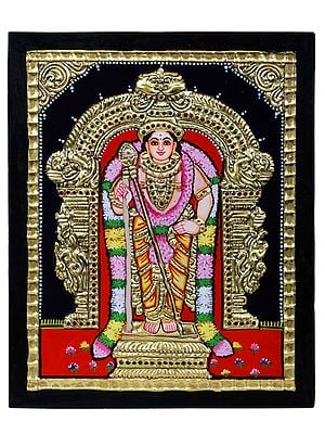 Standing Lord Murugan Tanjore Painting l Traditional Colors with 24 Karat Gold l With Frame