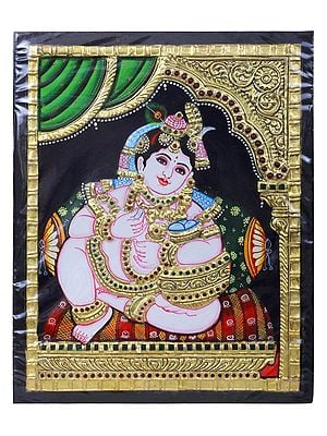 Butter Krishna Tanjore Painting l Traditional Colors with 24 Karat Gold l With Frame